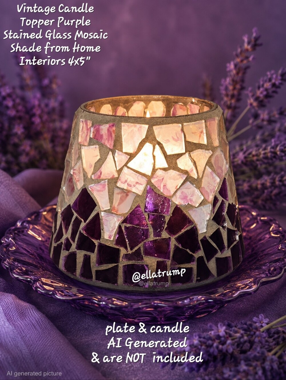 Vintage Candle Topper Purple Stained Glass Mosaic Shade from Home Interiors 4x5"
